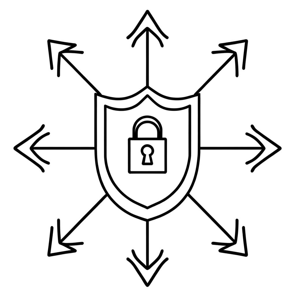 line art of arrows pointing to a shield with a lock on it